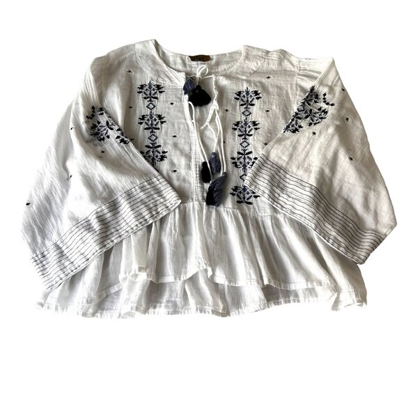 Jorja Long Sleeve Top Blouse Plus Size White Blue Boho Style 2X Tassel - Picture 2 of 14